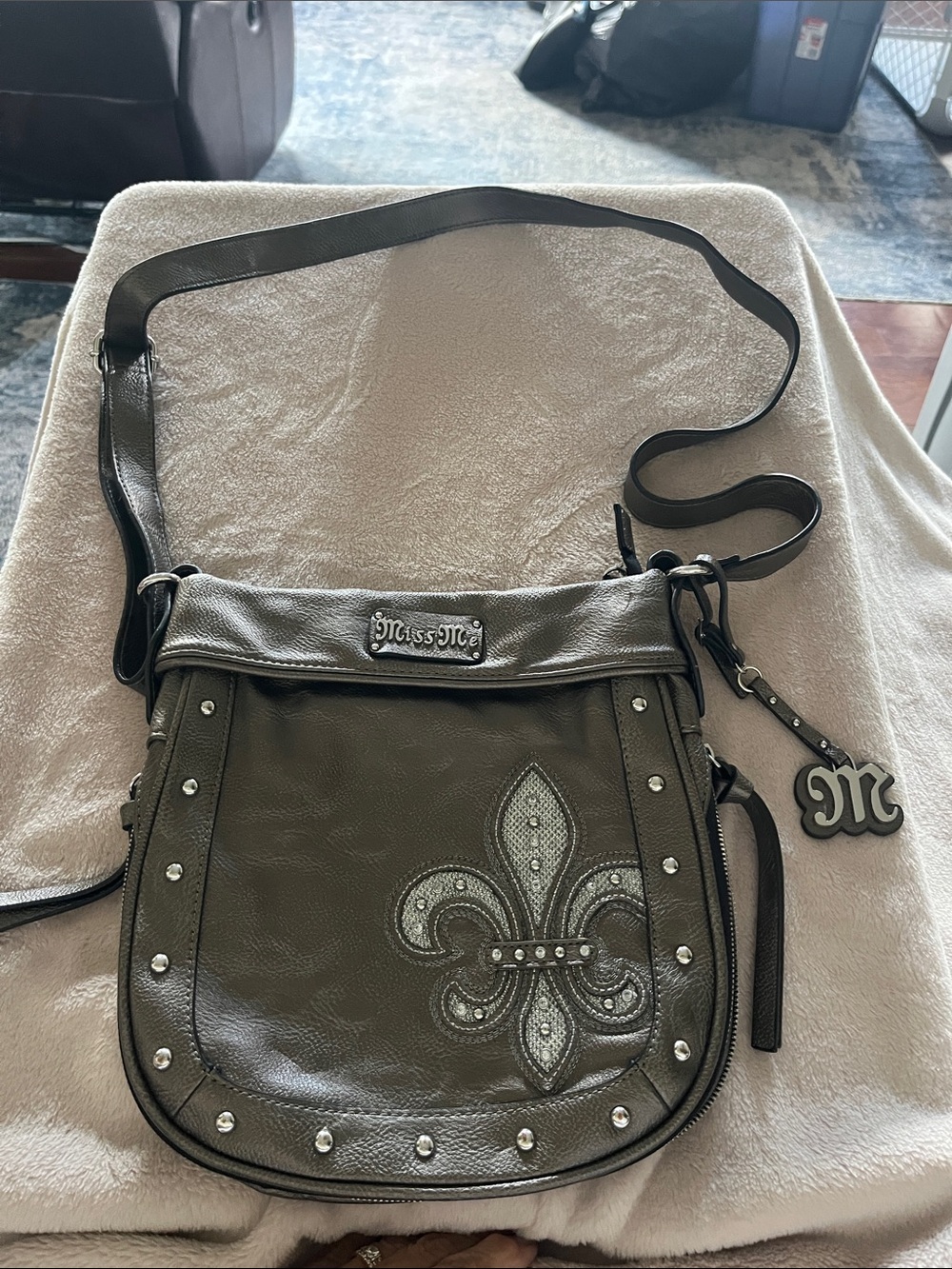 Miss Me Metallic Pewter Fleur-De-Lis Studded Crossbody Bag Purse